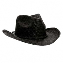 Schwarzer, leichter Strohhut mit Werbung auf dem Hutband.